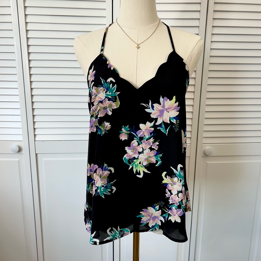 SOLD💗 Black Scalloped Tank Top Blouse w Purple Flowers & Strappy Racerback